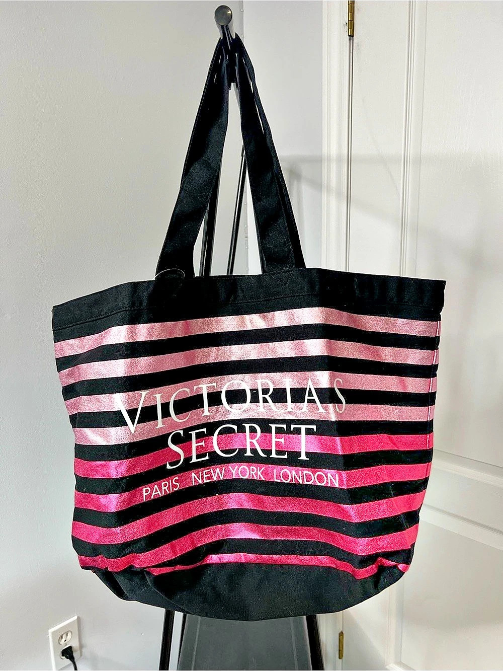 Victoria’s Secret Vintage Y2K Pink Metallic Stripe Large Weekender Tote